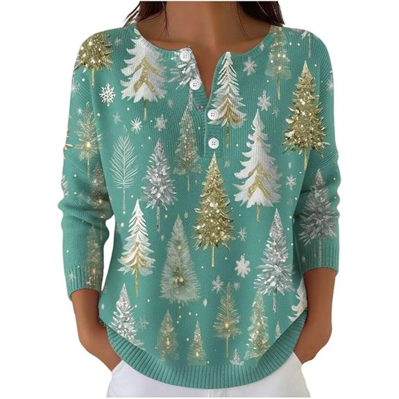 Christmas Women's 2025 Print Henley V-Neck Sweatshirt