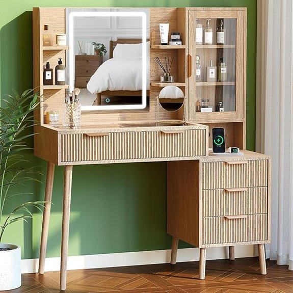Fluted Vanity Desk with Mirror Lights Storage