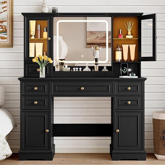 Farmhouse Vanity Desk with Lighted Mirror & Storage