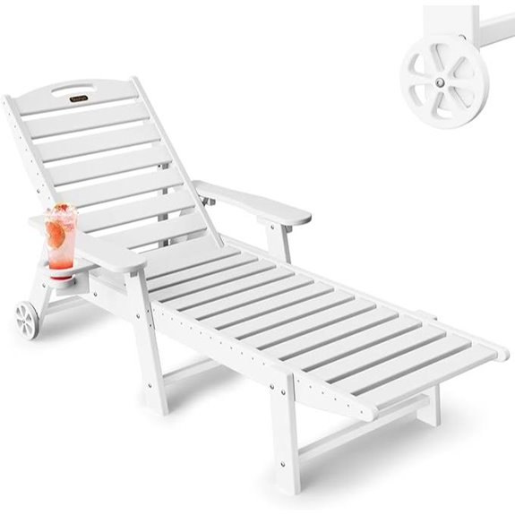 Outdoor White Lounge Chair with Wheels & Cup Holder